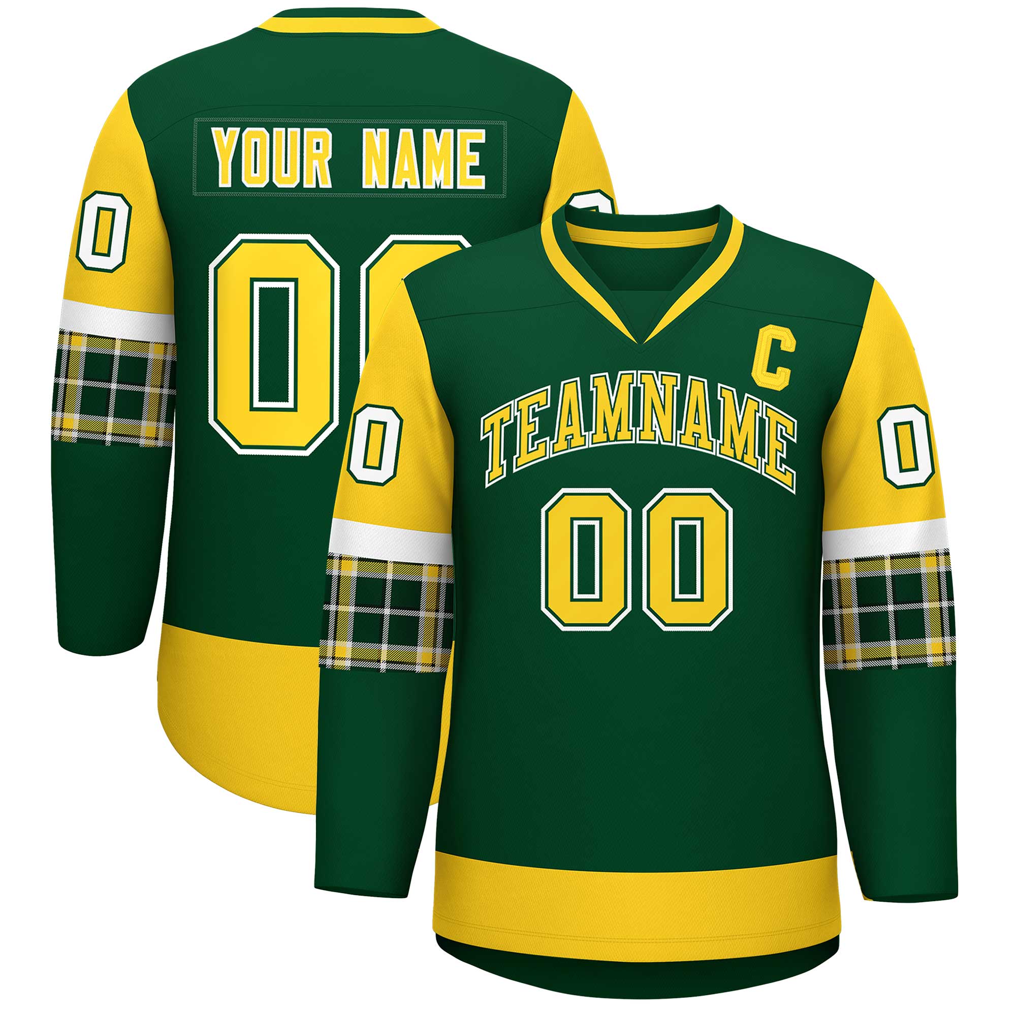 Custom Green Gold-Gold Personalized Raglan Sleeves V-Neck Hockey Jersey