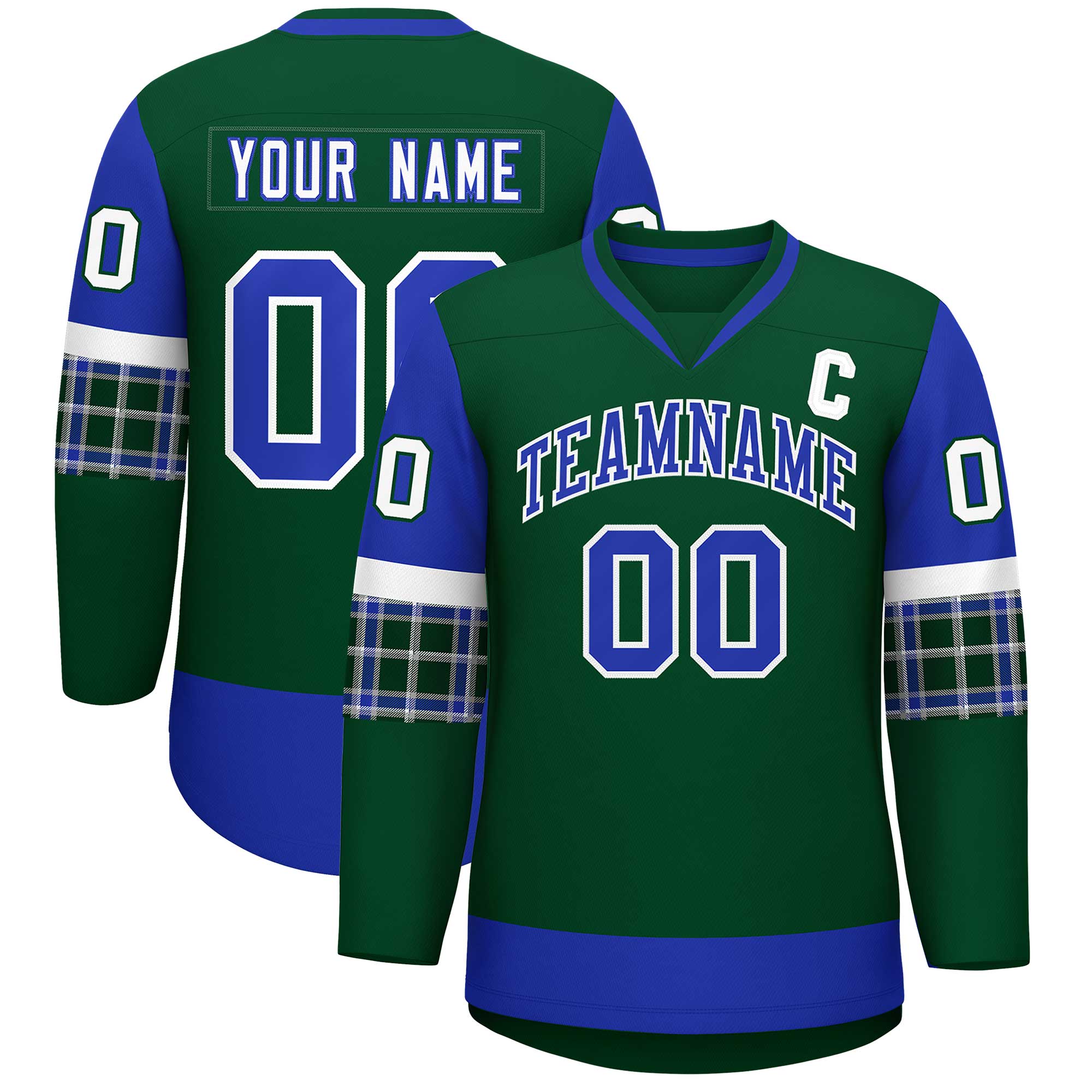 Custom Green Royal-Royal Personalized Raglan Sleeves V-Neck Hockey Jersey