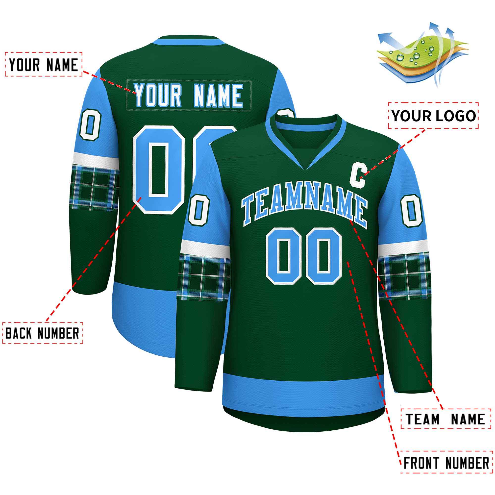 Custom Green Powder Blue-Powder Blue Personalized Raglan Sleeves V-Neck Hockey Jersey