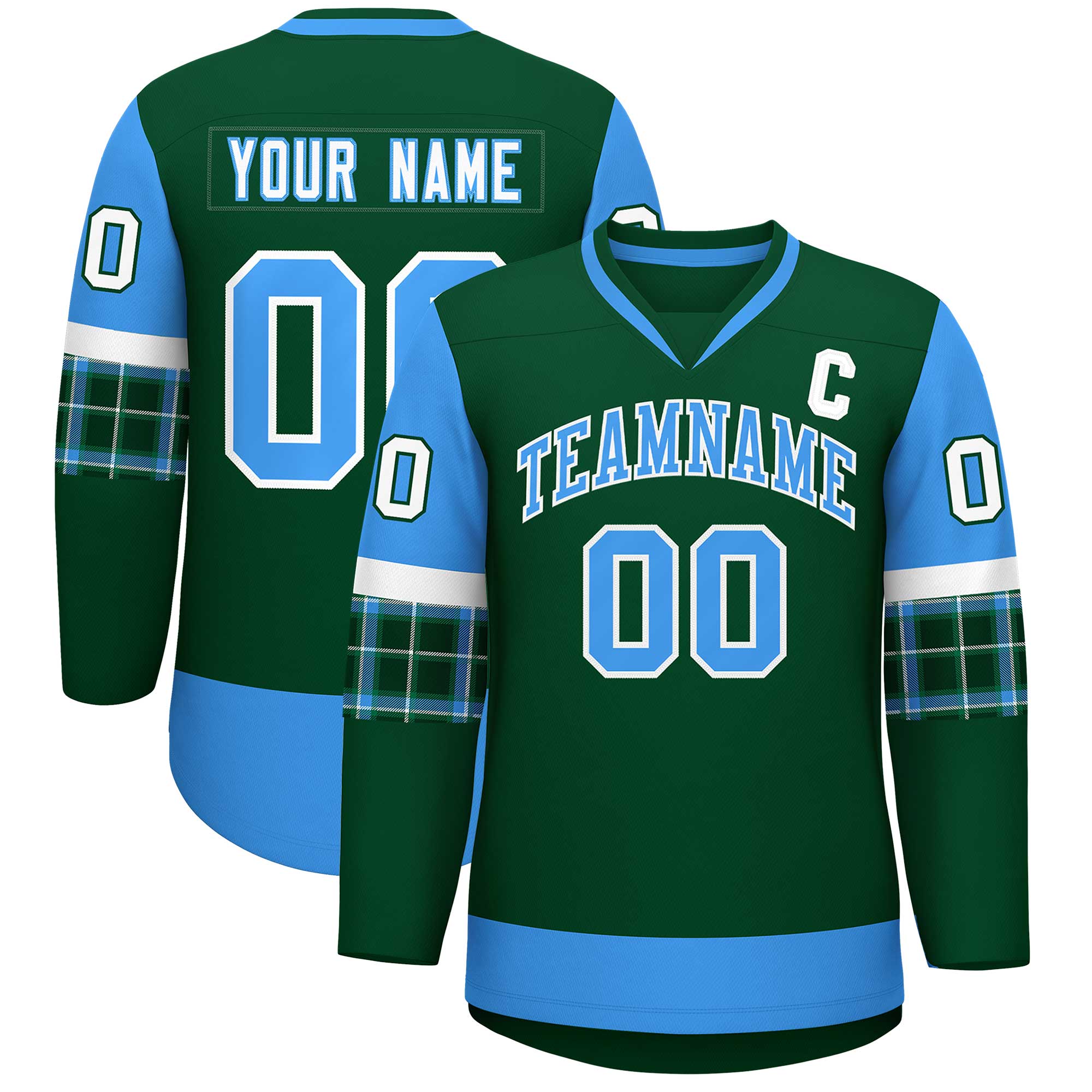 Custom Green Powder Blue-Powder Blue Personalized Raglan Sleeves V-Neck Hockey Jersey