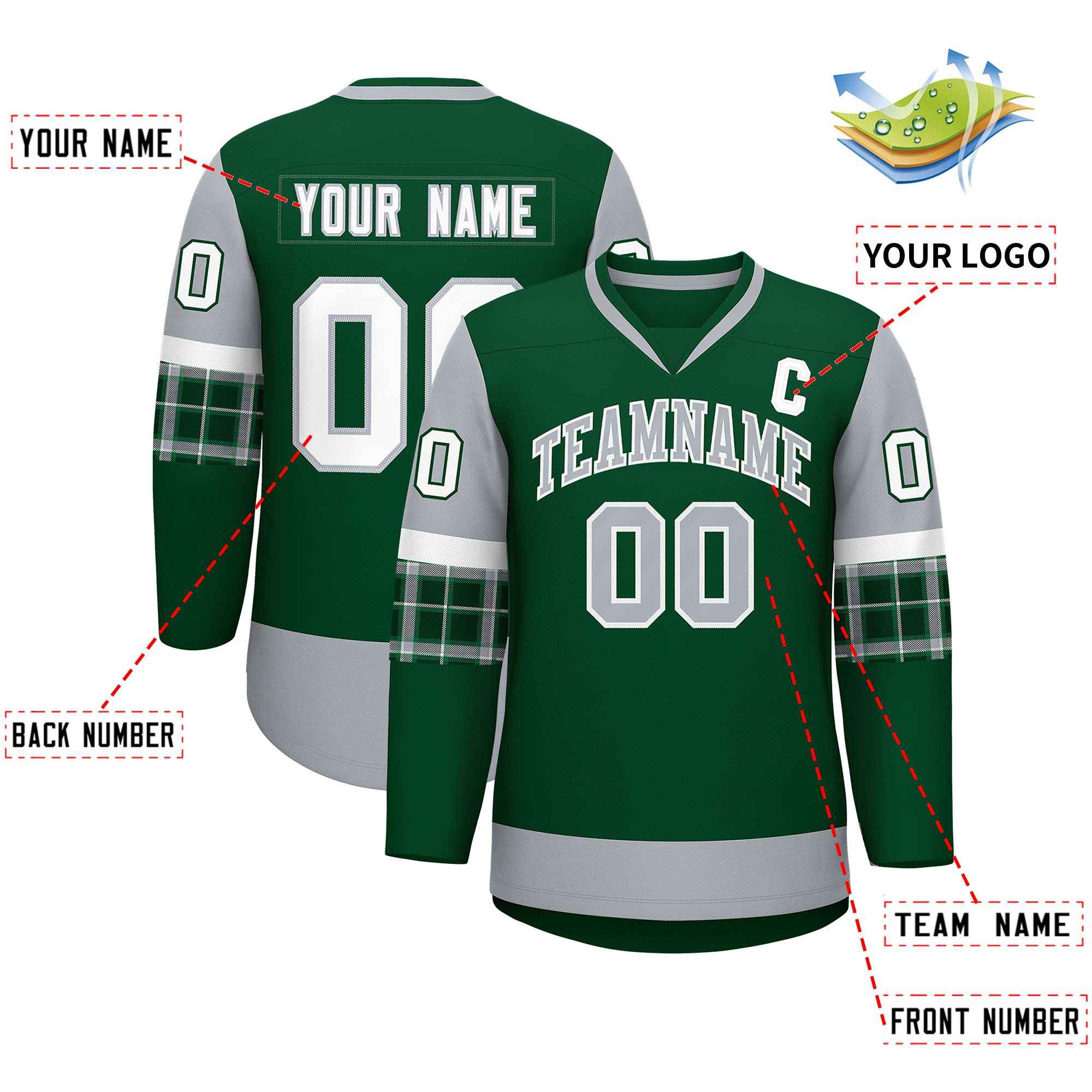 Custom Green Gray-White Personalized Raglan Sleeves V-Neck Hockey Jersey