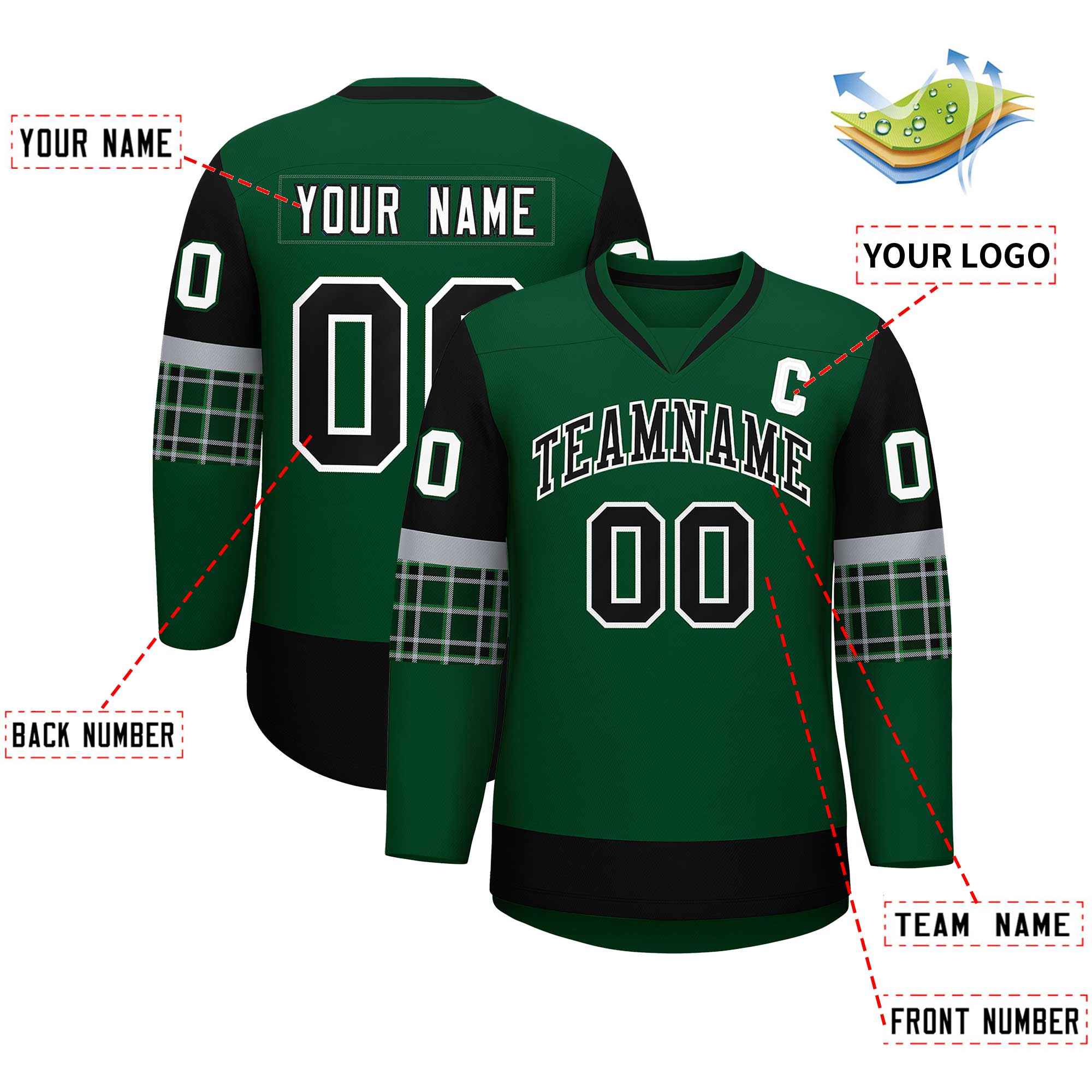 Custom Green Black-Black Personalized Raglan Sleeves V-Neck Hockey Jersey