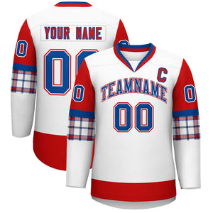 Custom White Red-Royal Personalized Raglan Sleeves V-Neck Hockey Jersey