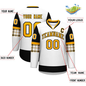 Custom White Black-Yellow Personalized Raglan Sleeves V-Neck Hockey Jersey