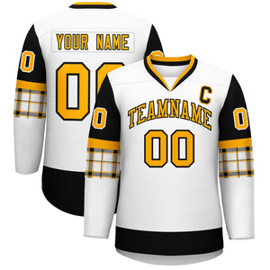 Custom White Black-Yellow Personalized Raglan Sleeves V-Neck Hockey Jersey