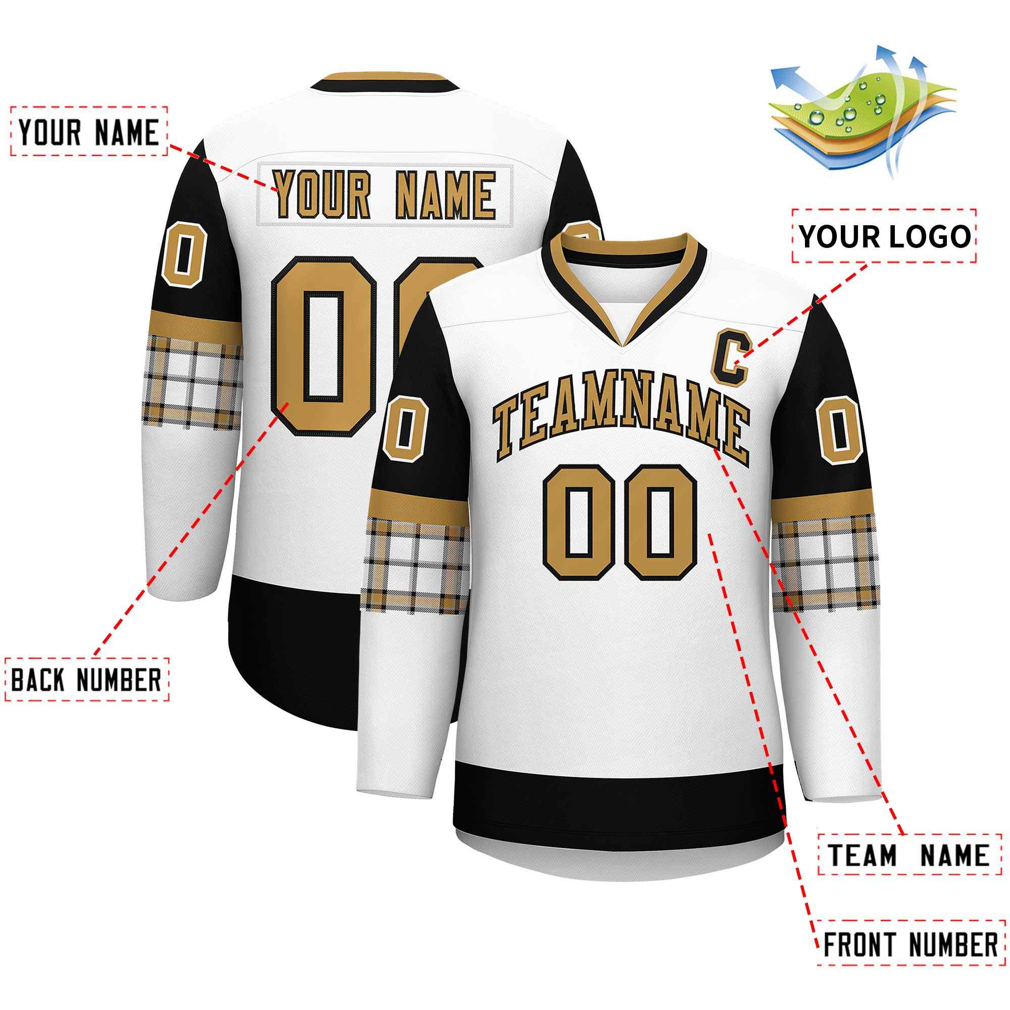 Custom White Black-Old Gold Personalized Raglan Sleeves V-Neck Hockey Jersey