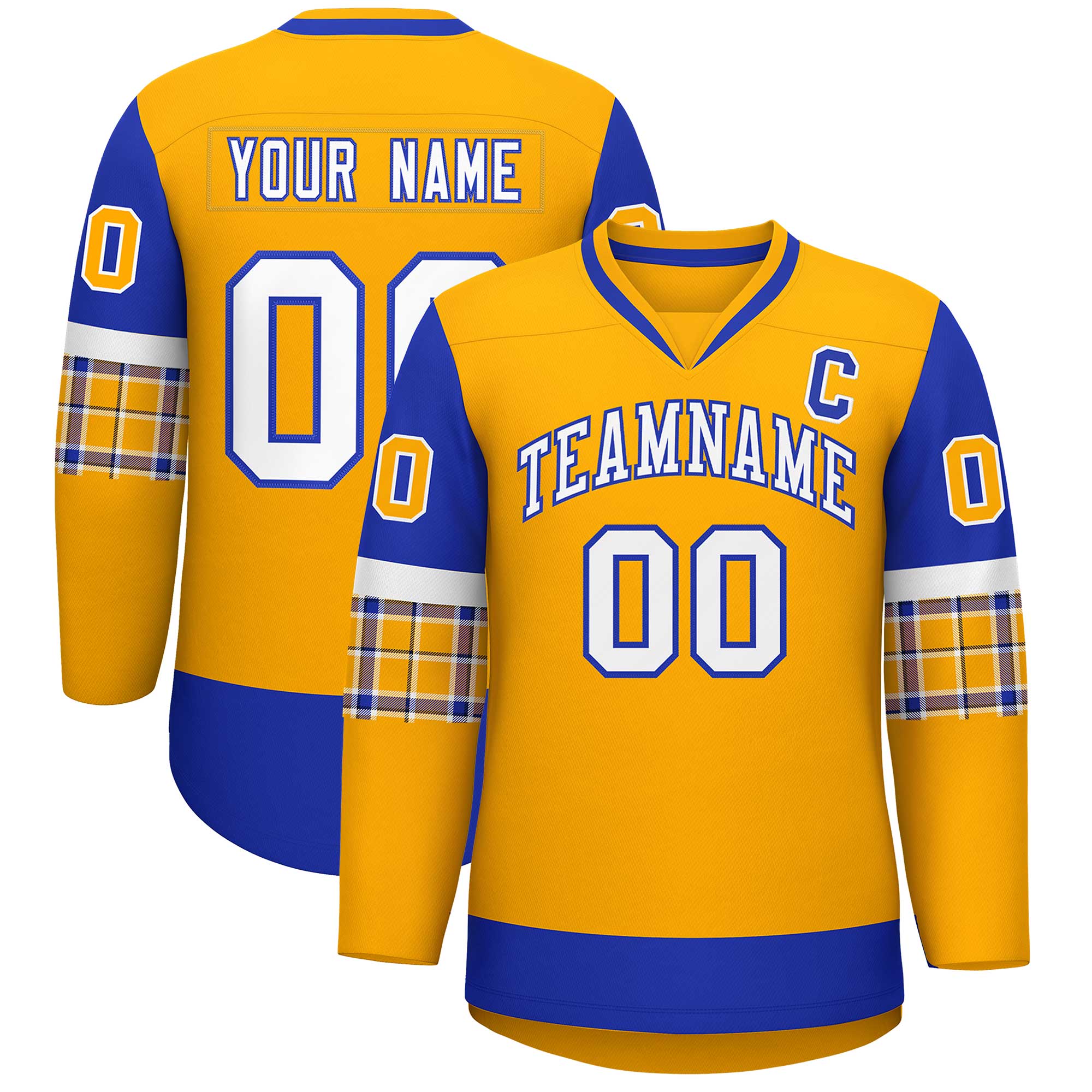 Custom Yellow Royal-White Personalized Raglan Sleeves V-Neck Hockey Jersey