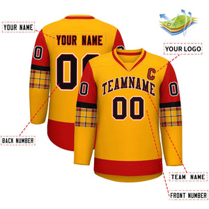 Custom Yellow Red-Black Personalized Raglan Sleeves V-Neck Hockey Jersey