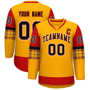 Custom Yellow Red-Black Personalized Raglan Sleeves V-Neck Hockey Jersey