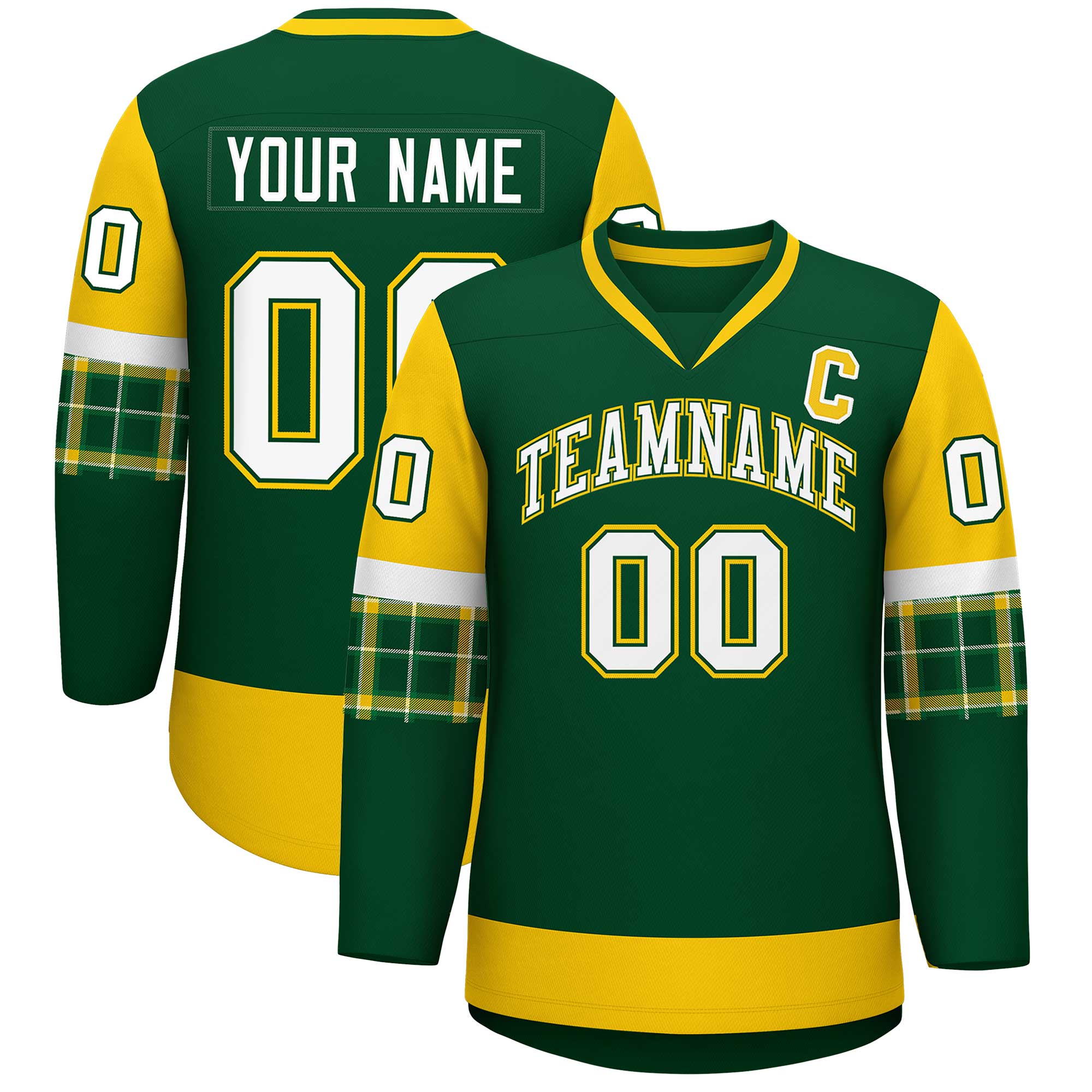 Custom Green Gold-White Personalized Raglan Sleeves V-Neck Hockey Jersey