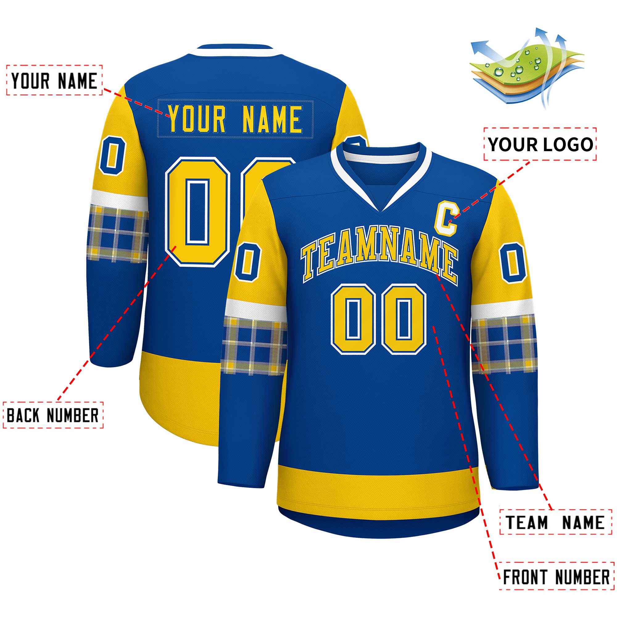 Custom Royal Gold-Gold Personalized Raglan Sleeves V-Neck Hockey Jersey