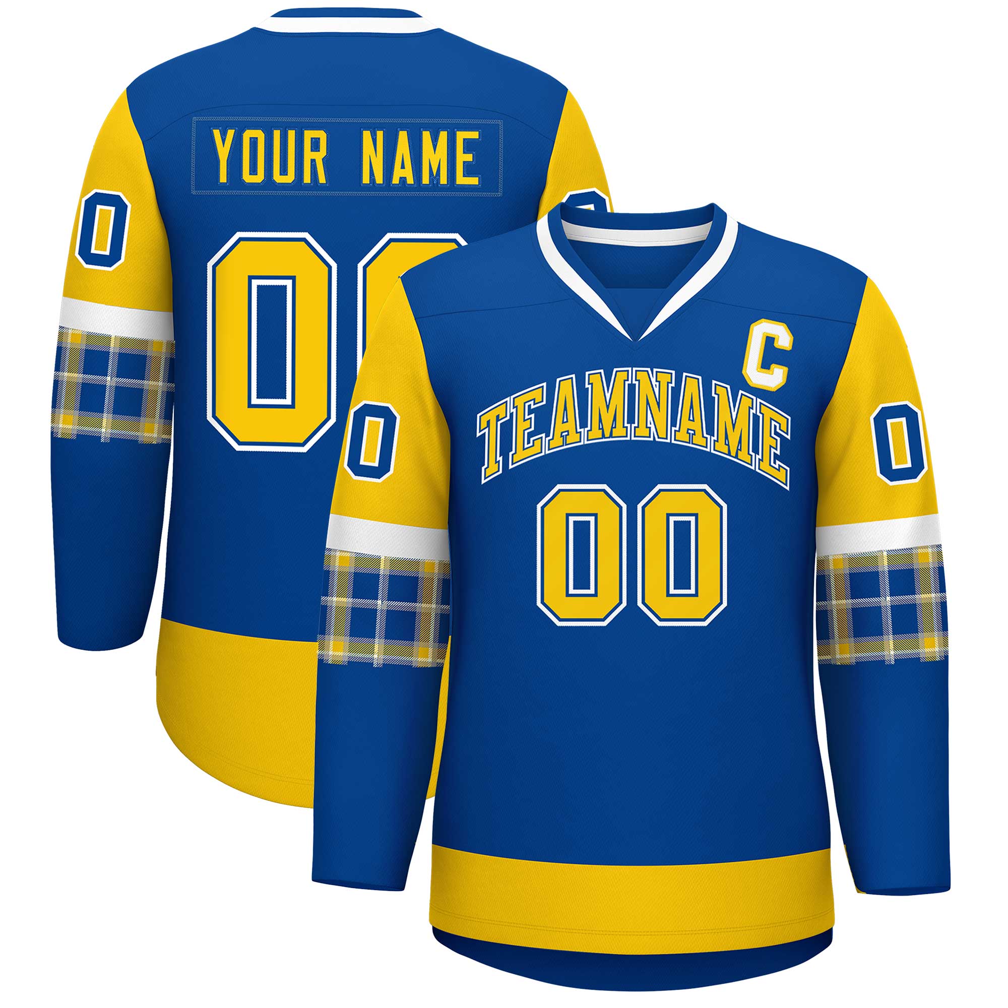 Custom Royal Gold-Gold Personalized Raglan Sleeves V-Neck Hockey Jersey