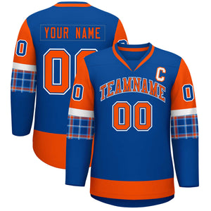 Custom Royal Orange-Orange Personalized Raglan Sleeves V-Neck Hockey Jersey