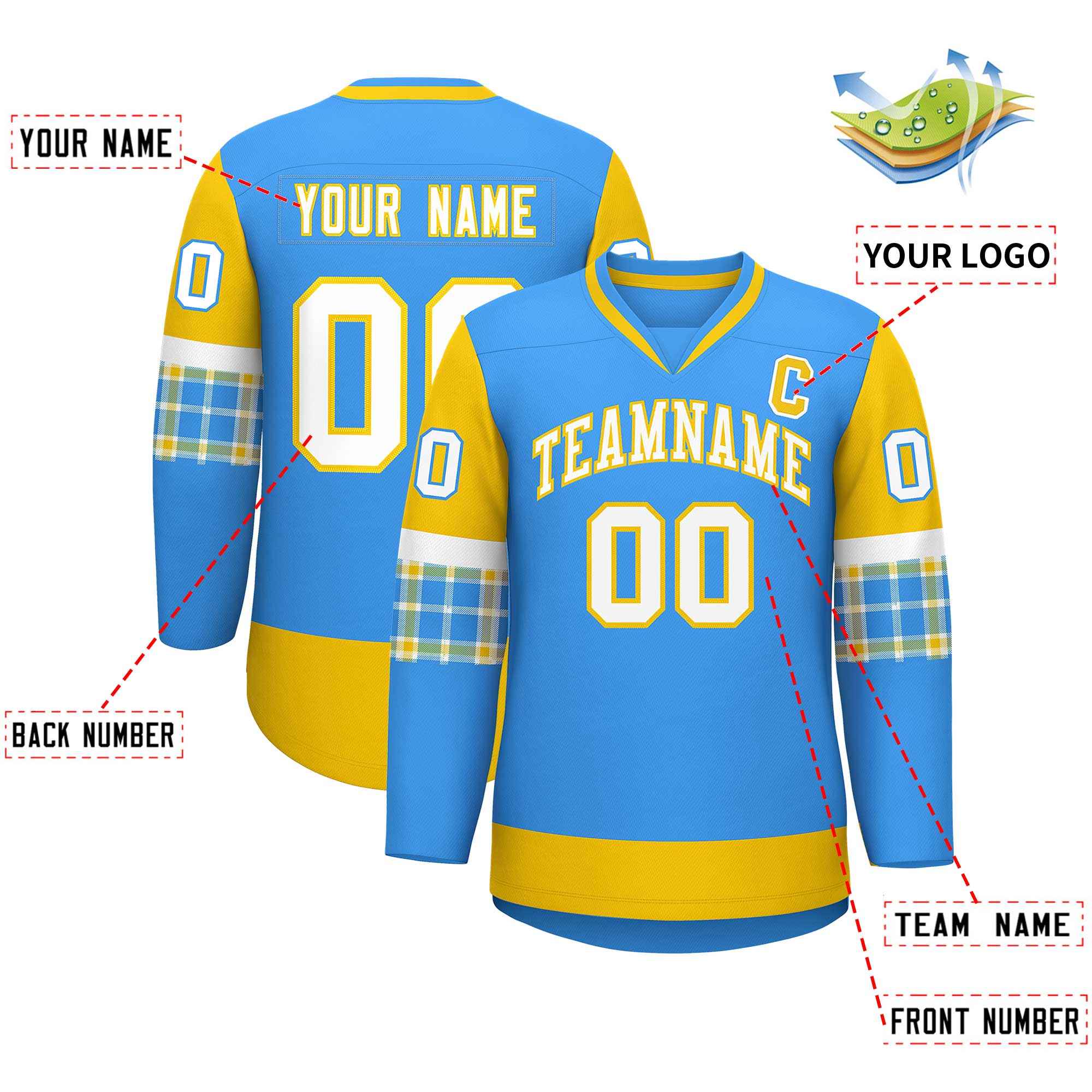 Custom Powder Blue Gold-White Personalized Raglan Sleeves V-Neck Hockey Jersey