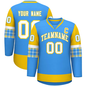 Custom Powder Blue Gold-White Personalized Raglan Sleeves V-Neck Hockey Jersey