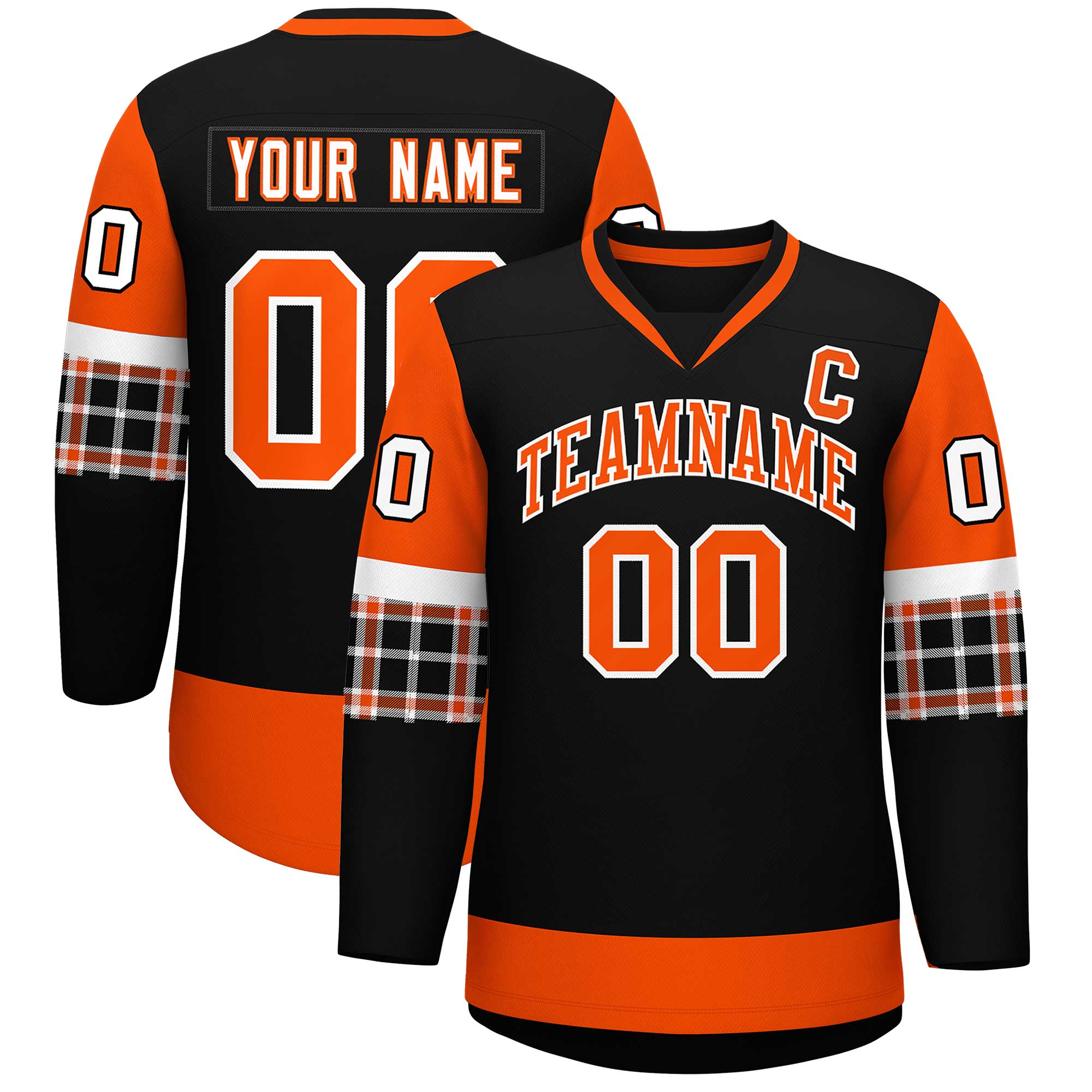 Custom Black Orange-Orange Personalized Raglan Sleeves V-Neck Hockey Jersey