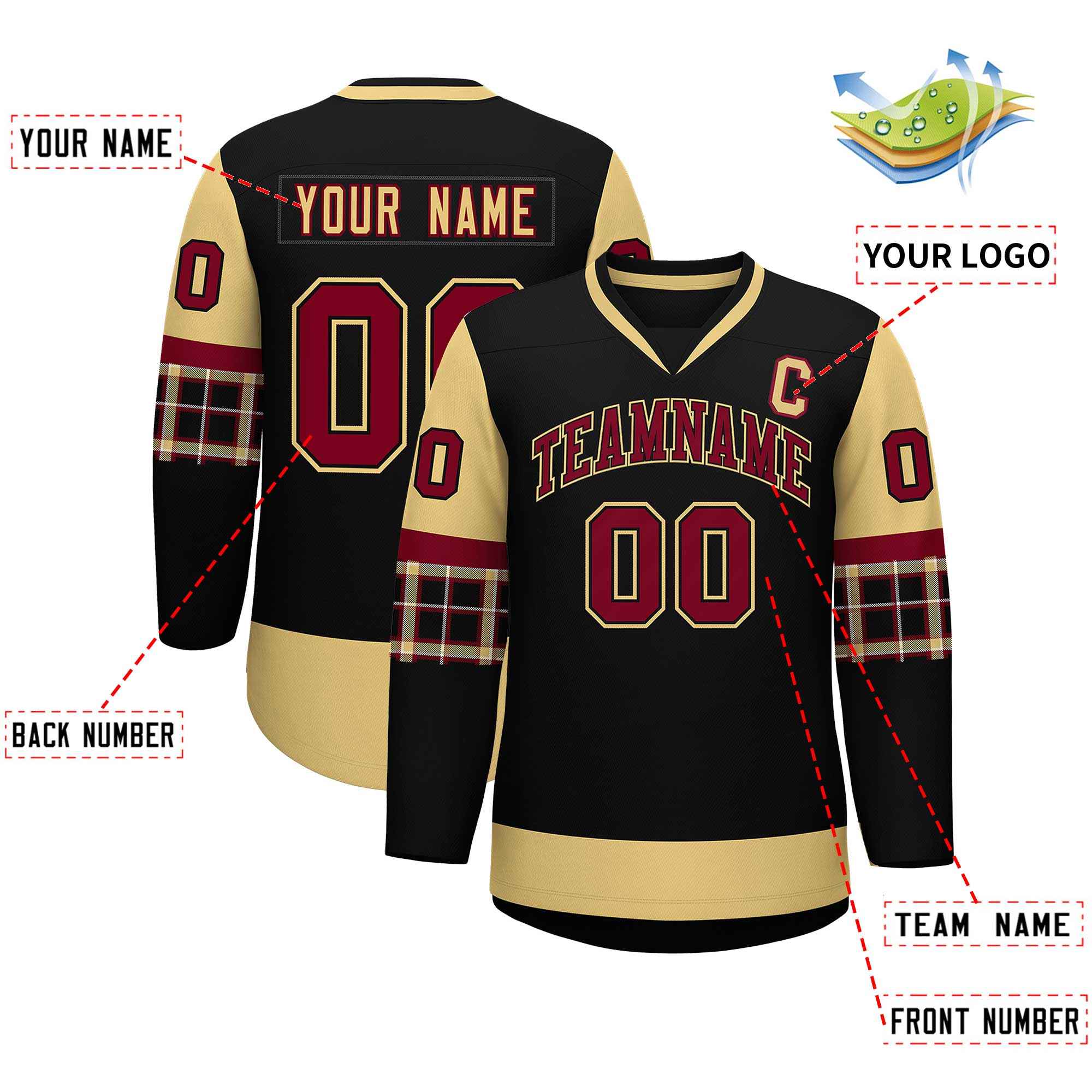 Custom Black Khaki-Crimson Personalized Raglan Sleeves V-Neck Hockey Jersey