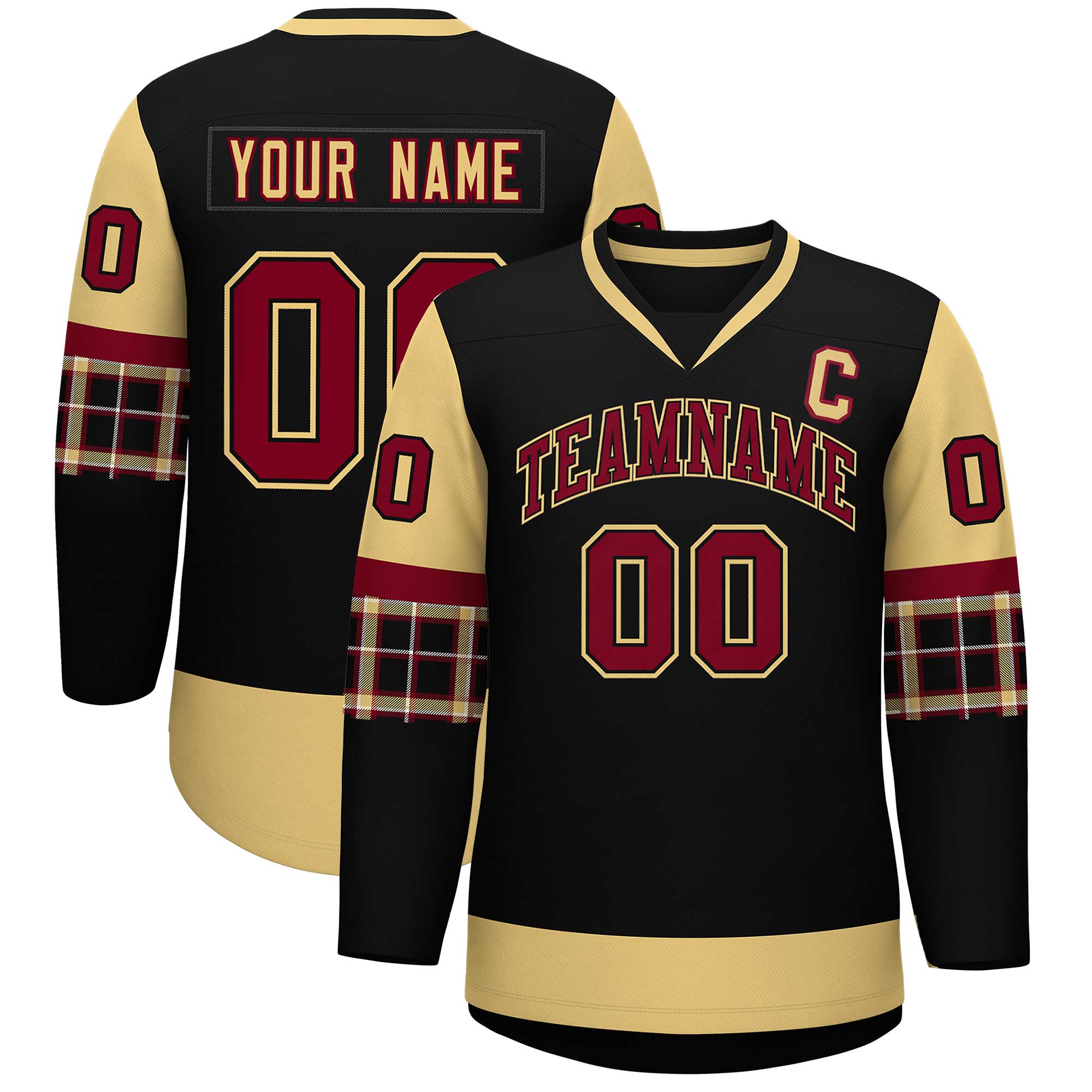 Custom Black Khaki-Crimson Personalized Raglan Sleeves V-Neck Hockey Jersey