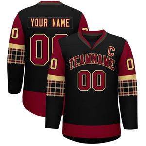 Custom Black Crimson-Crimson Personalized Raglan Sleeves V-Neck Hockey Jersey