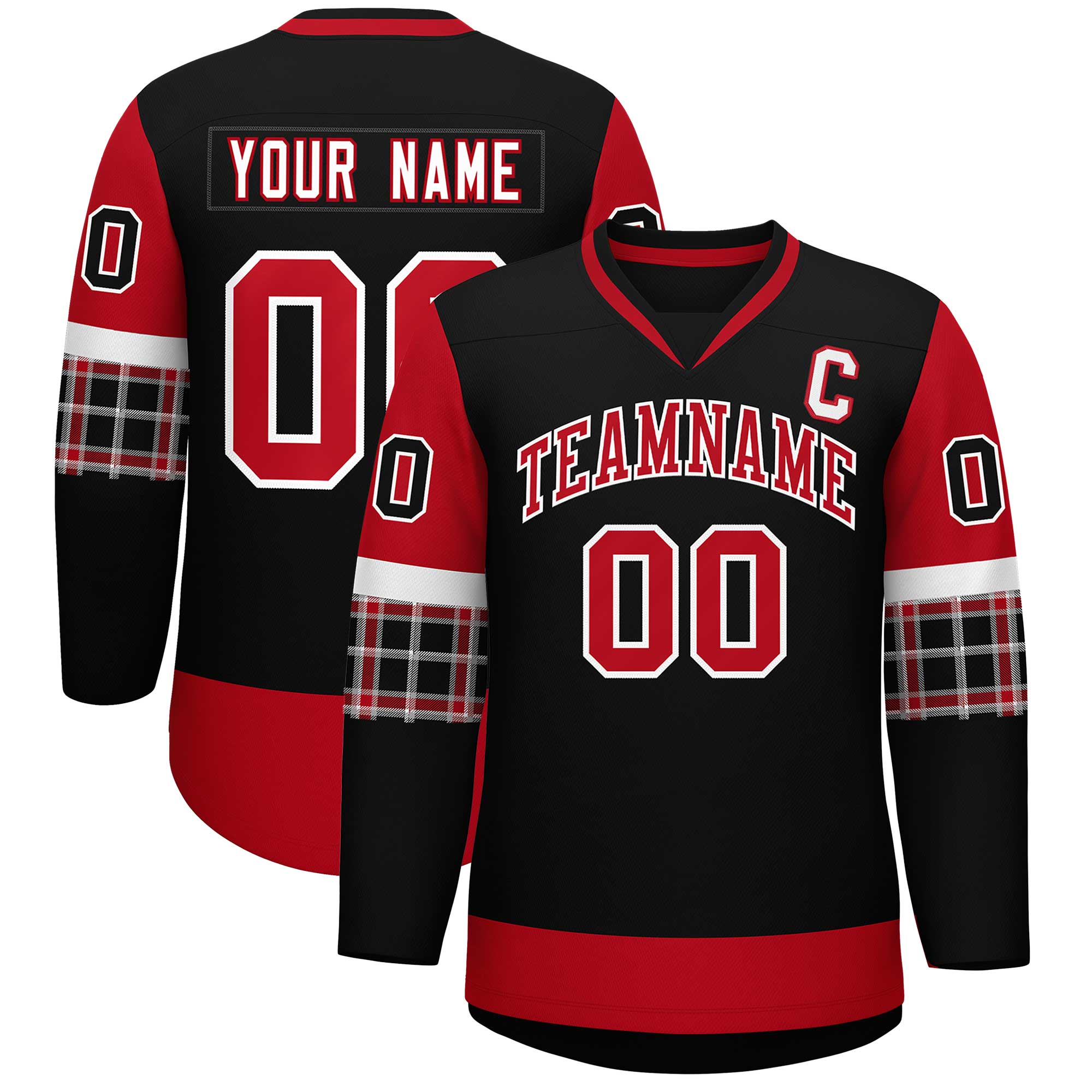 Custom Black Red-Red Personalized Raglan Sleeves V-Neck Hockey Jersey