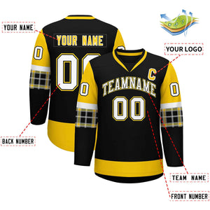 Custom Black Gold-White Personalized Raglan Sleeves V-Neck Hockey Jersey