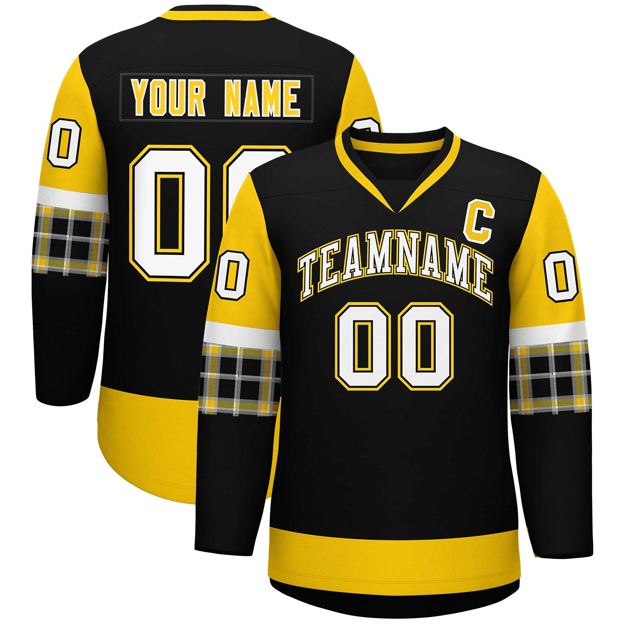 Custom Black Gold-White Personalized Raglan Sleeves V-Neck Hockey Jersey