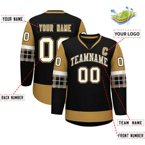 Custom Black Old Gold-White Personalized Raglan Sleeves V-Neck Hockey Jersey