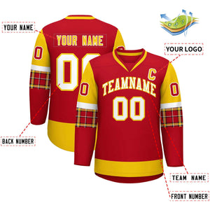 Custom Red Gold-White Personalized Raglan Sleeves V-Neck Hockey Jersey