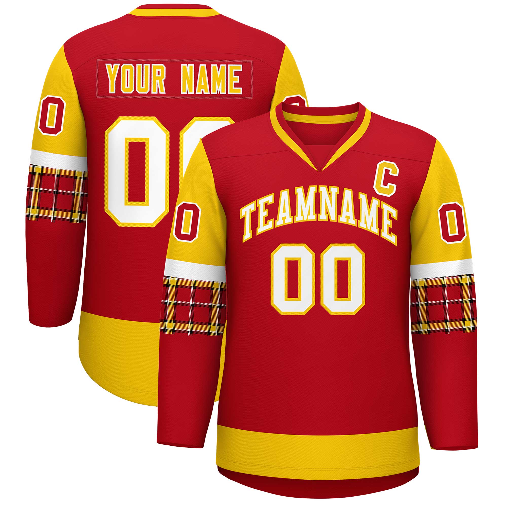 Custom Red Gold-White Personalized Raglan Sleeves V-Neck Hockey Jersey