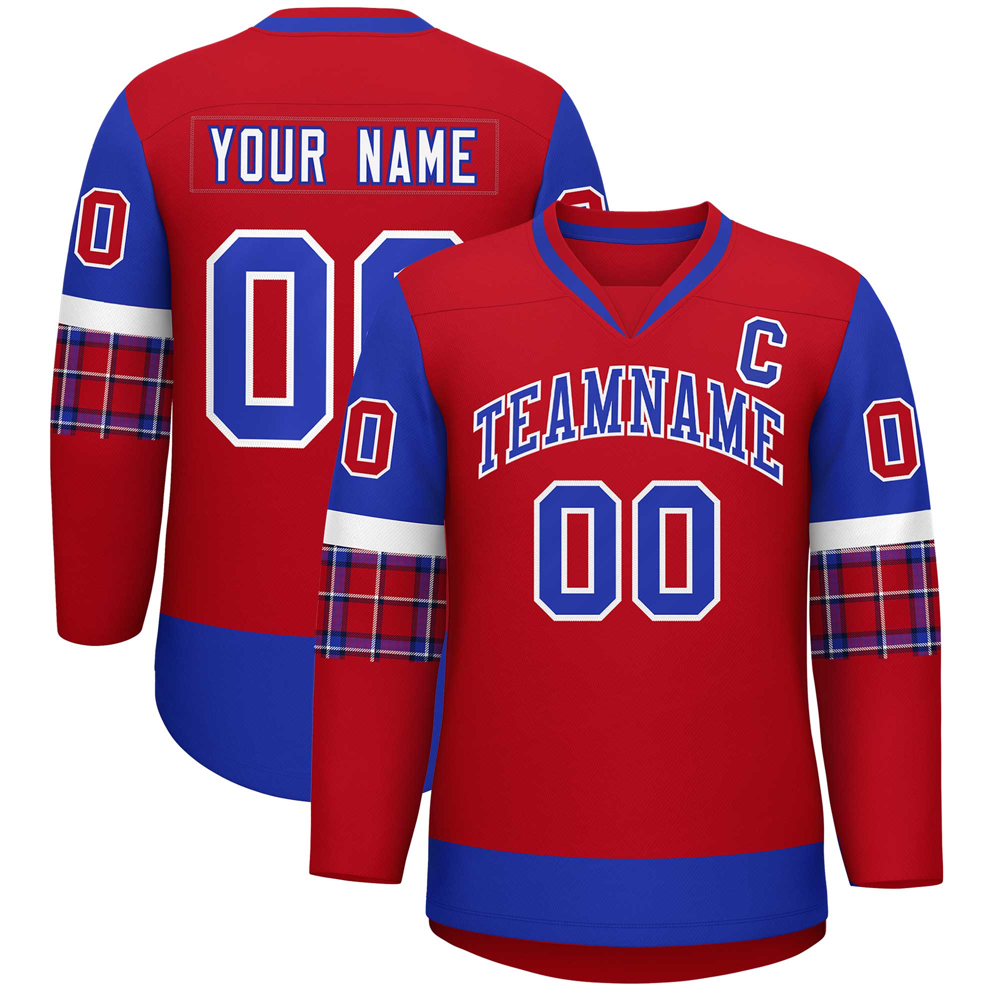 Custom Red Royal-Royal Personalized Raglan Sleeves V-Neck Hockey Jersey