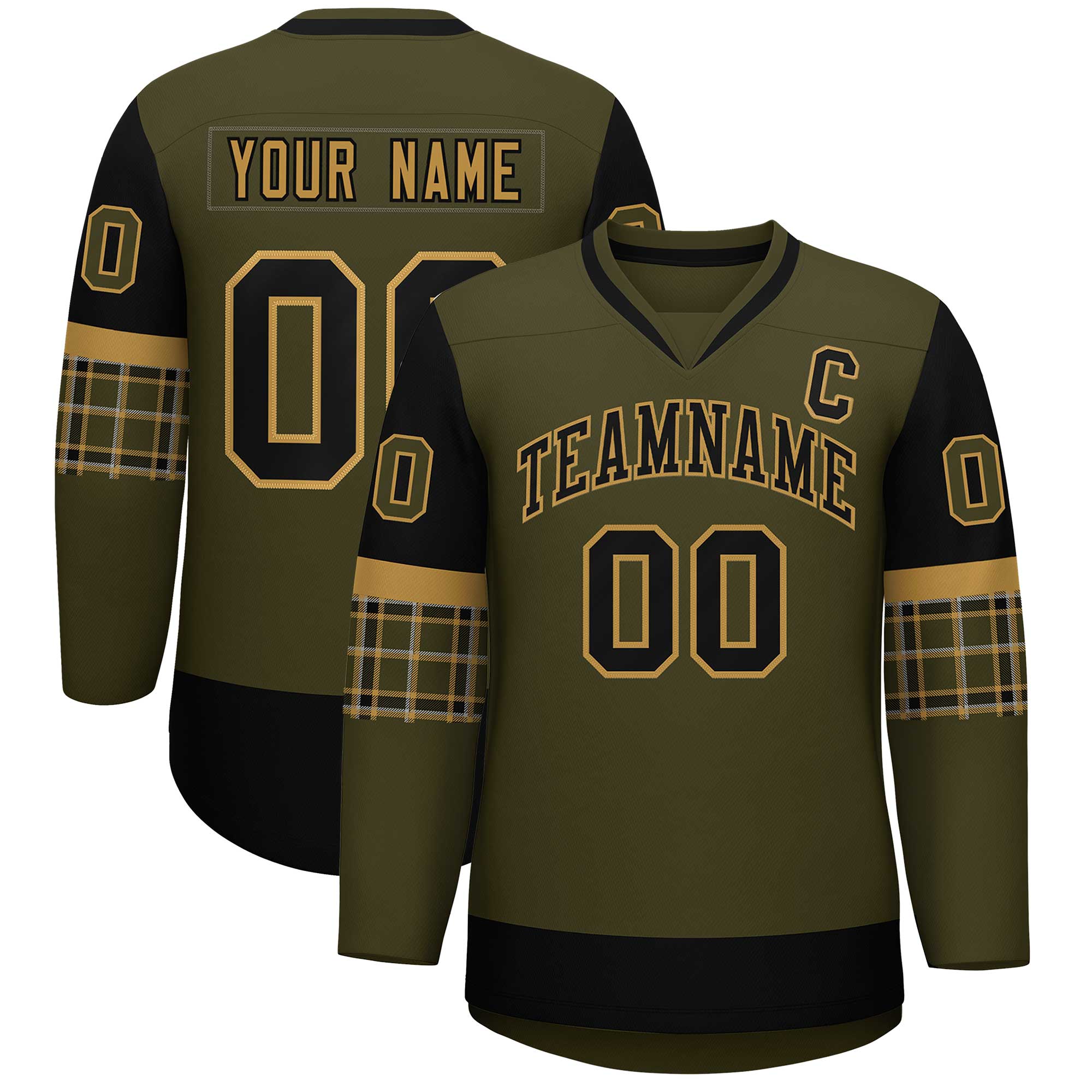 Custom Olive Brown-Black Personalized Raglan Sleeves V-Neck Hockey Jersey