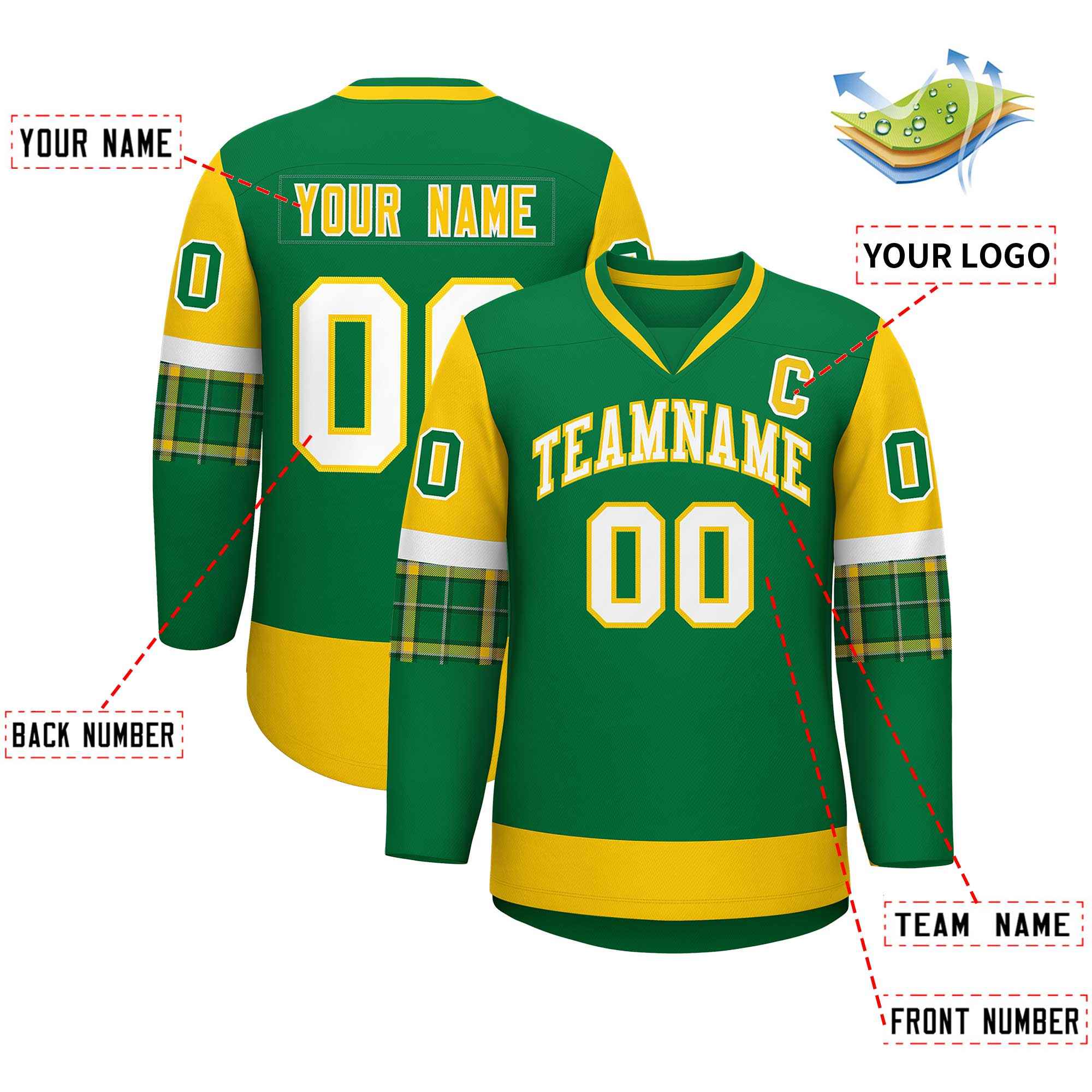 Custom Kelly Green Gold-White Personalized Raglan Sleeves V-Neck Hockey Jersey