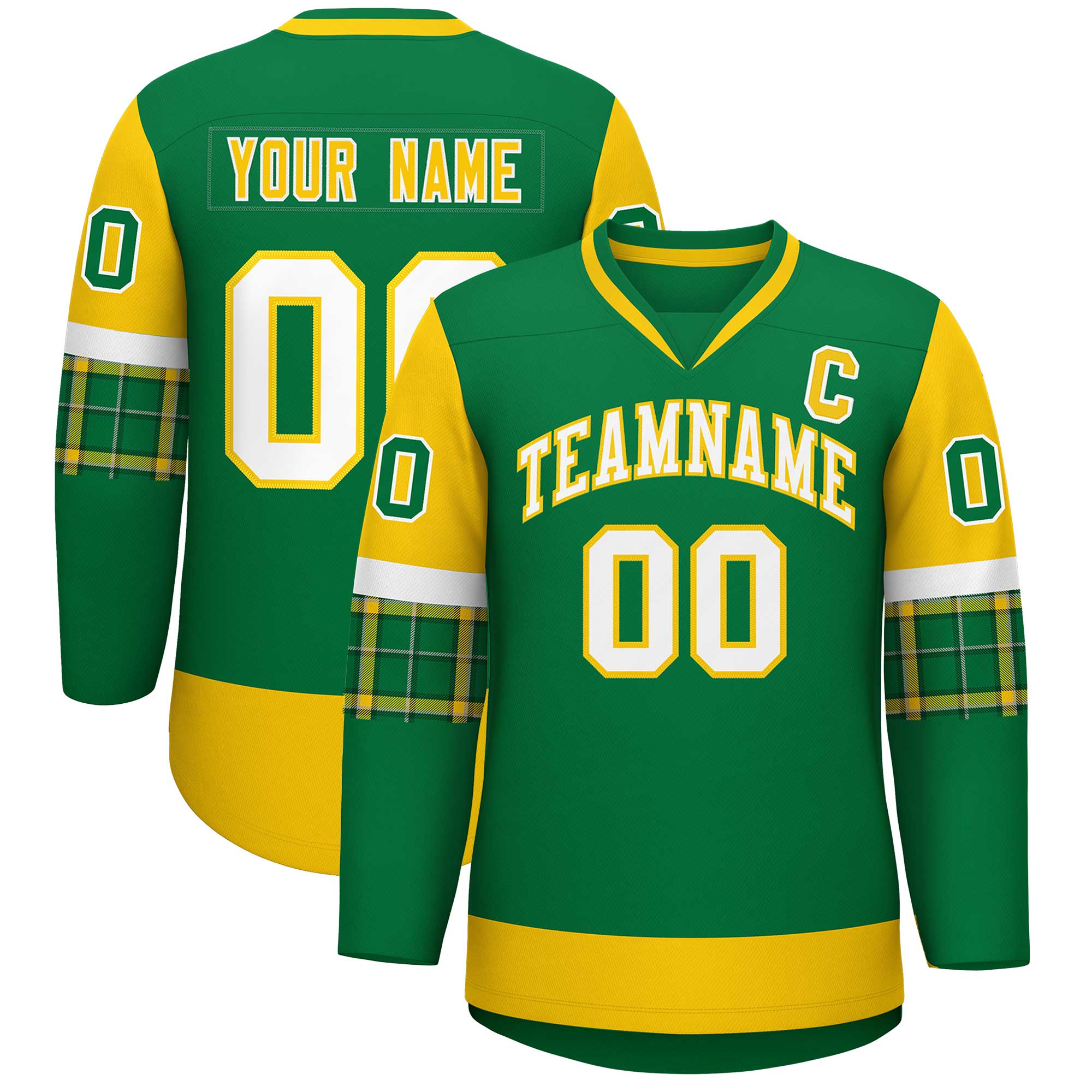 Custom Kelly Green Gold-White Personalized Raglan Sleeves V-Neck Hockey Jersey