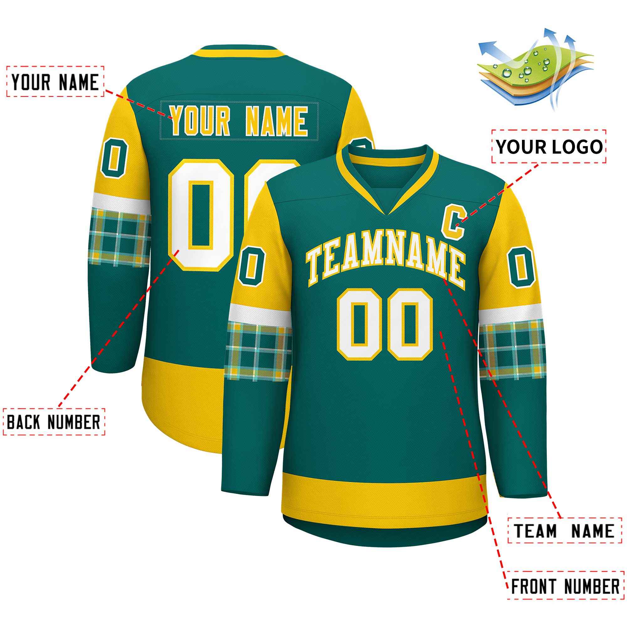 Custom Aqua Gold-White Personalized Raglan Sleeves V-Neck Hockey Jersey