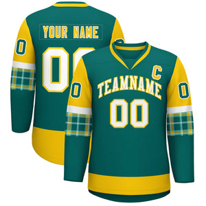 Custom Aqua Gold-White Personalized Raglan Sleeves V-Neck Hockey Jersey