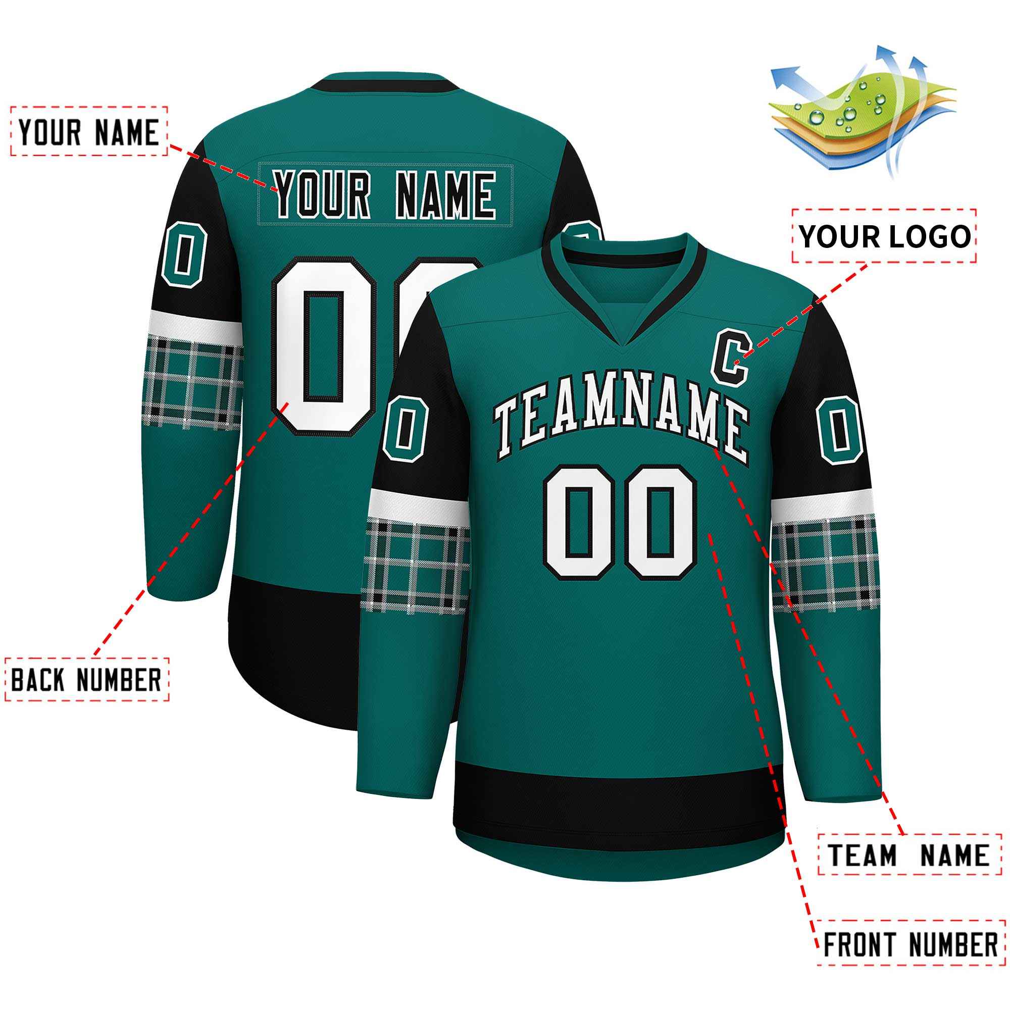 Custom Aqua Black-White Personalized Raglan Sleeves V-Neck Hockey Jersey