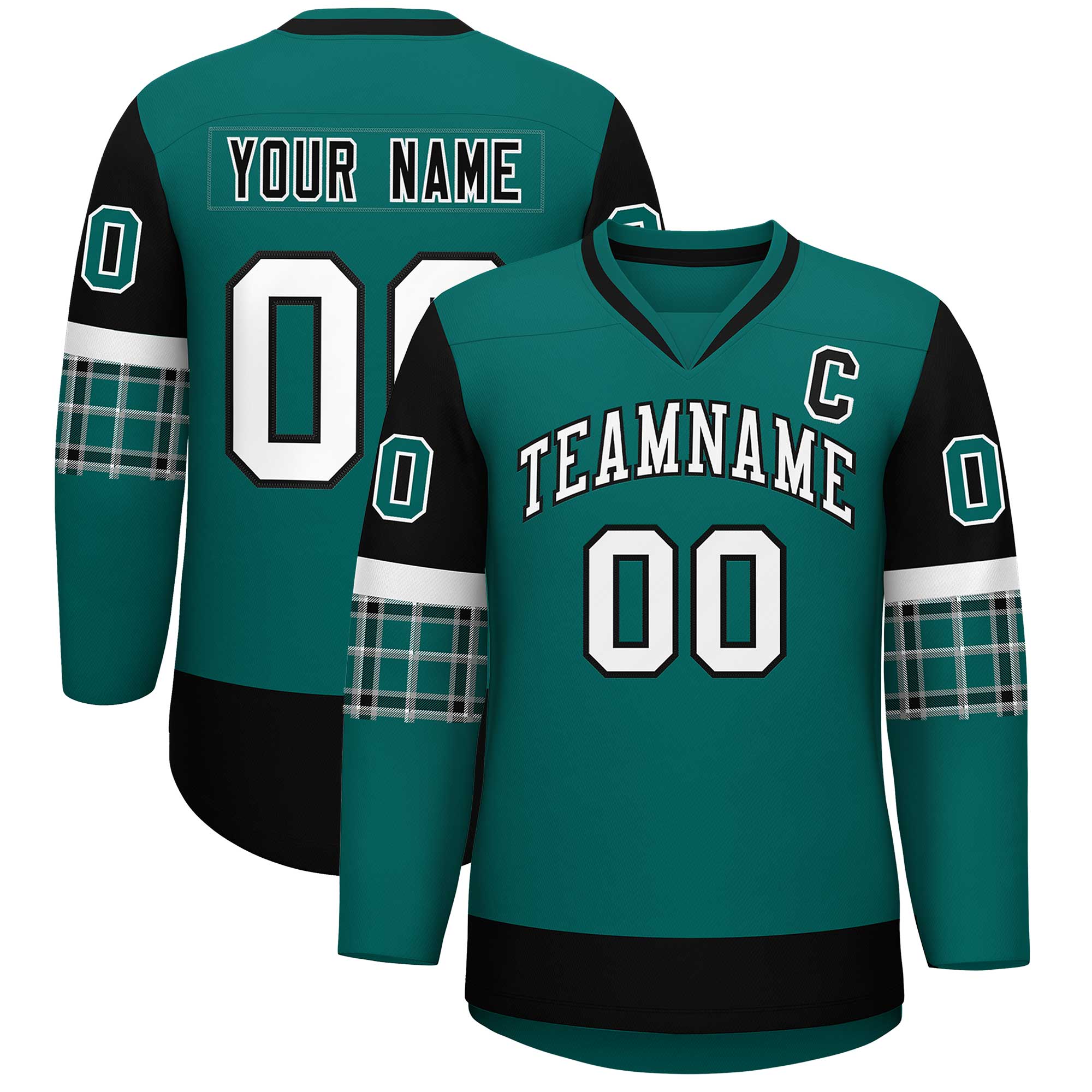 Custom Aqua Black-White Personalized Raglan Sleeves V-Neck Hockey Jersey