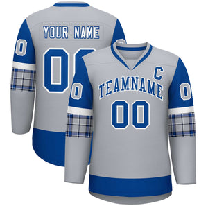 Custom Gray Royal-Royal Personalized Raglan Sleeves V-Neck Hockey Jersey