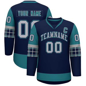 Custom Navy Aqua-Gray Personalized Raglan Sleeves V-Neck Hockey Jersey