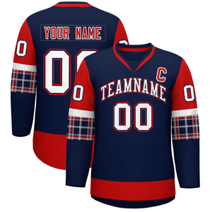 Custom Navy Red-White Personalized Raglan Sleeves V-Neck Hockey Jersey