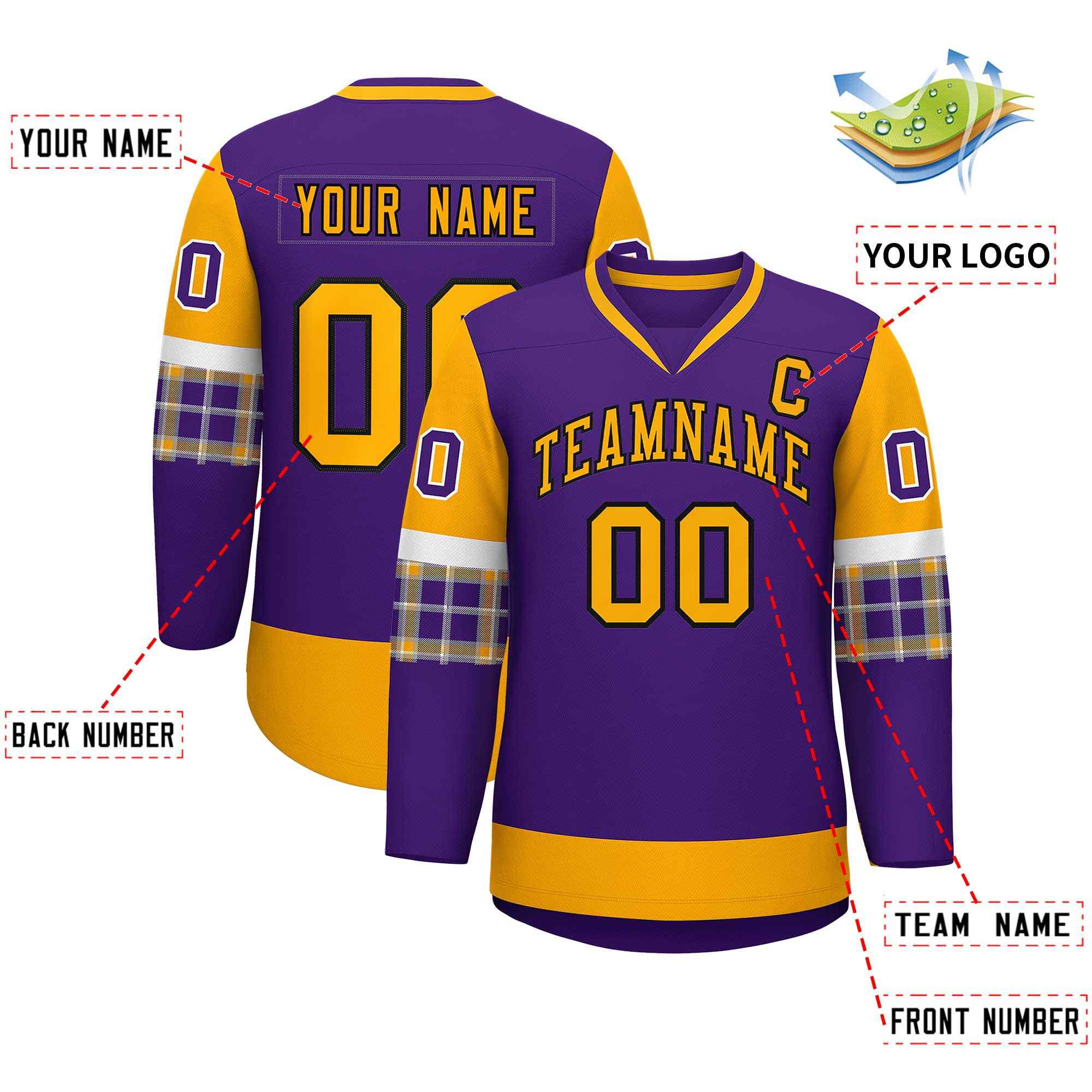 Custom Purple Yellow-Yellow Personalized Raglan Sleeves V-Neck Hockey Jersey