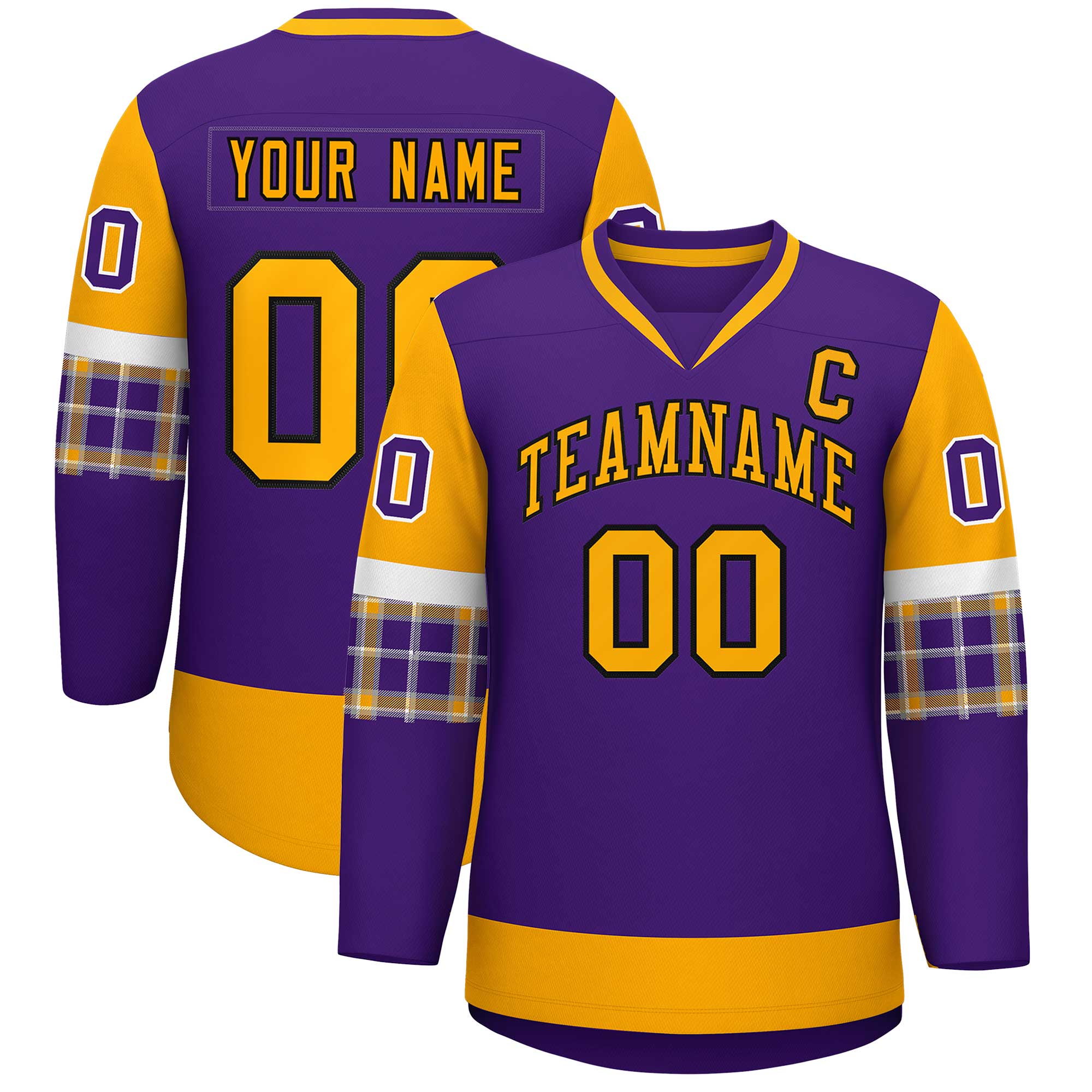 Custom Purple Yellow-Yellow Personalized Raglan Sleeves V-Neck Hockey Jersey