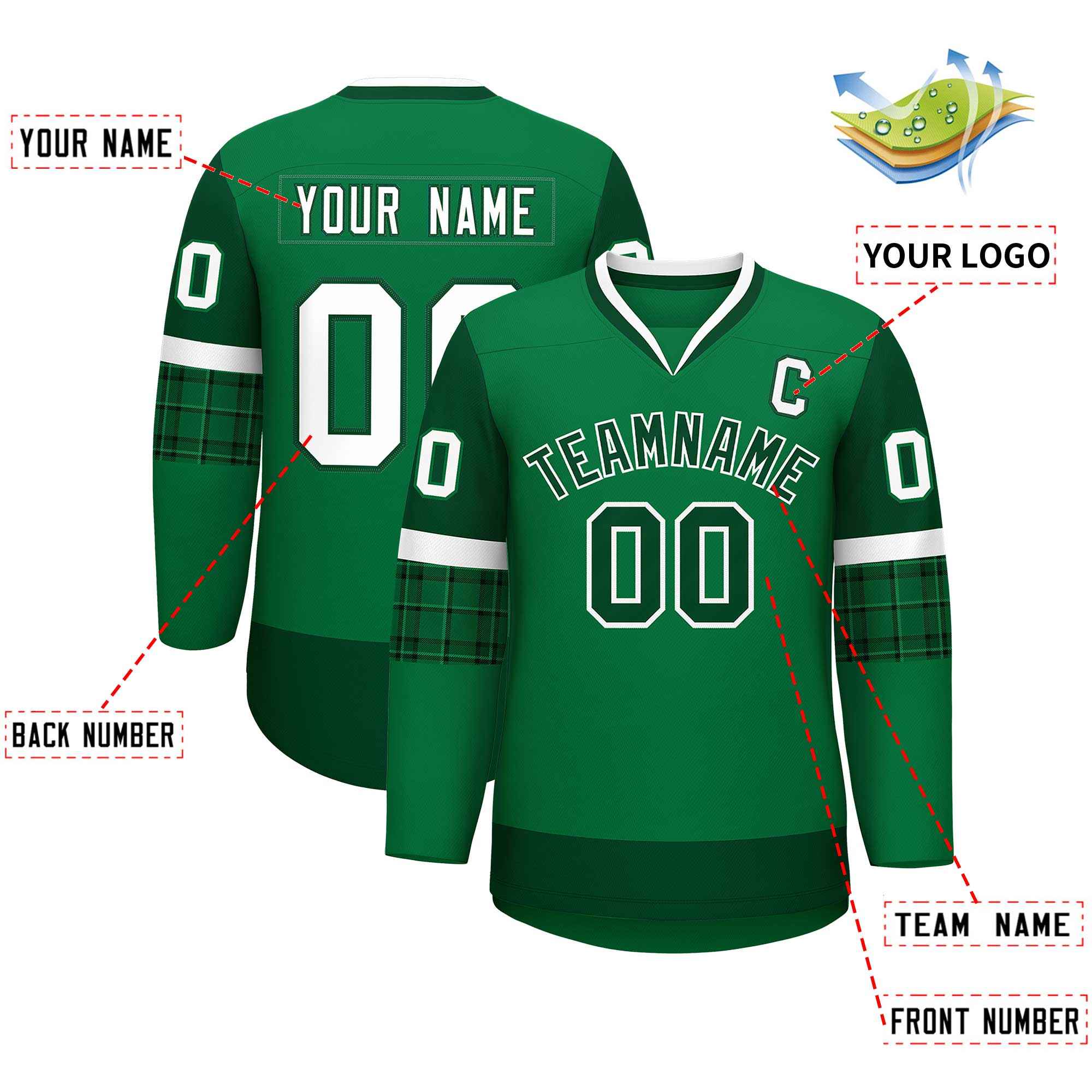 Custom Teal Green-White Personalized Raglan Sleeves V-Neck Hockey Jersey