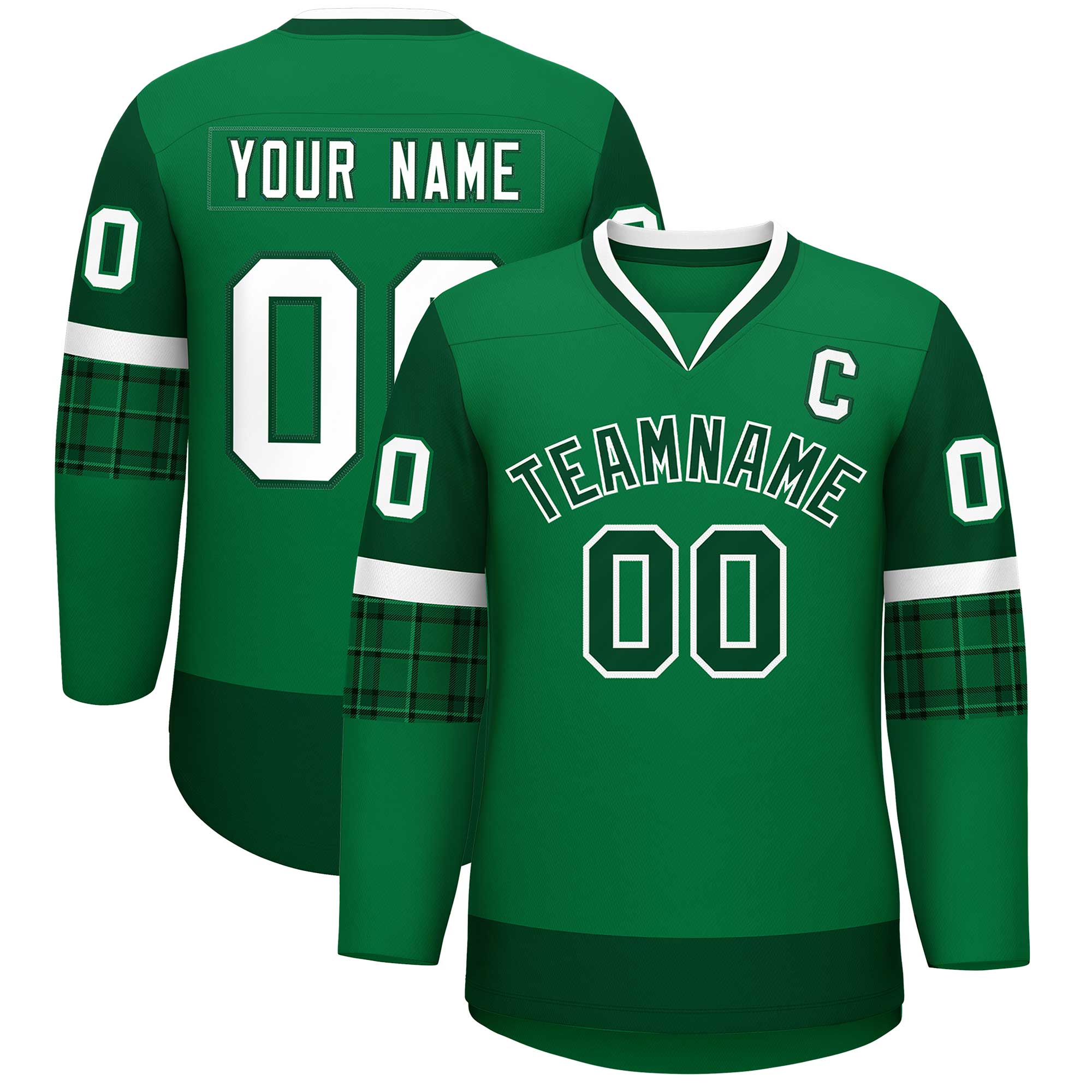 Custom Teal Green-White Personalized Raglan Sleeves V-Neck Hockey Jersey