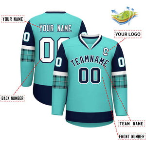 Custom Bright Green Navy-White Personalized Raglan Sleeves V-Neck Hockey Jersey