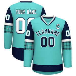 Custom Bright Green Navy-White Personalized Raglan Sleeves V-Neck Hockey Jersey