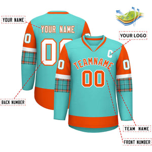 Custom Bright Green Orange-White Personalized Raglan Sleeves V-Neck Hockey Jersey