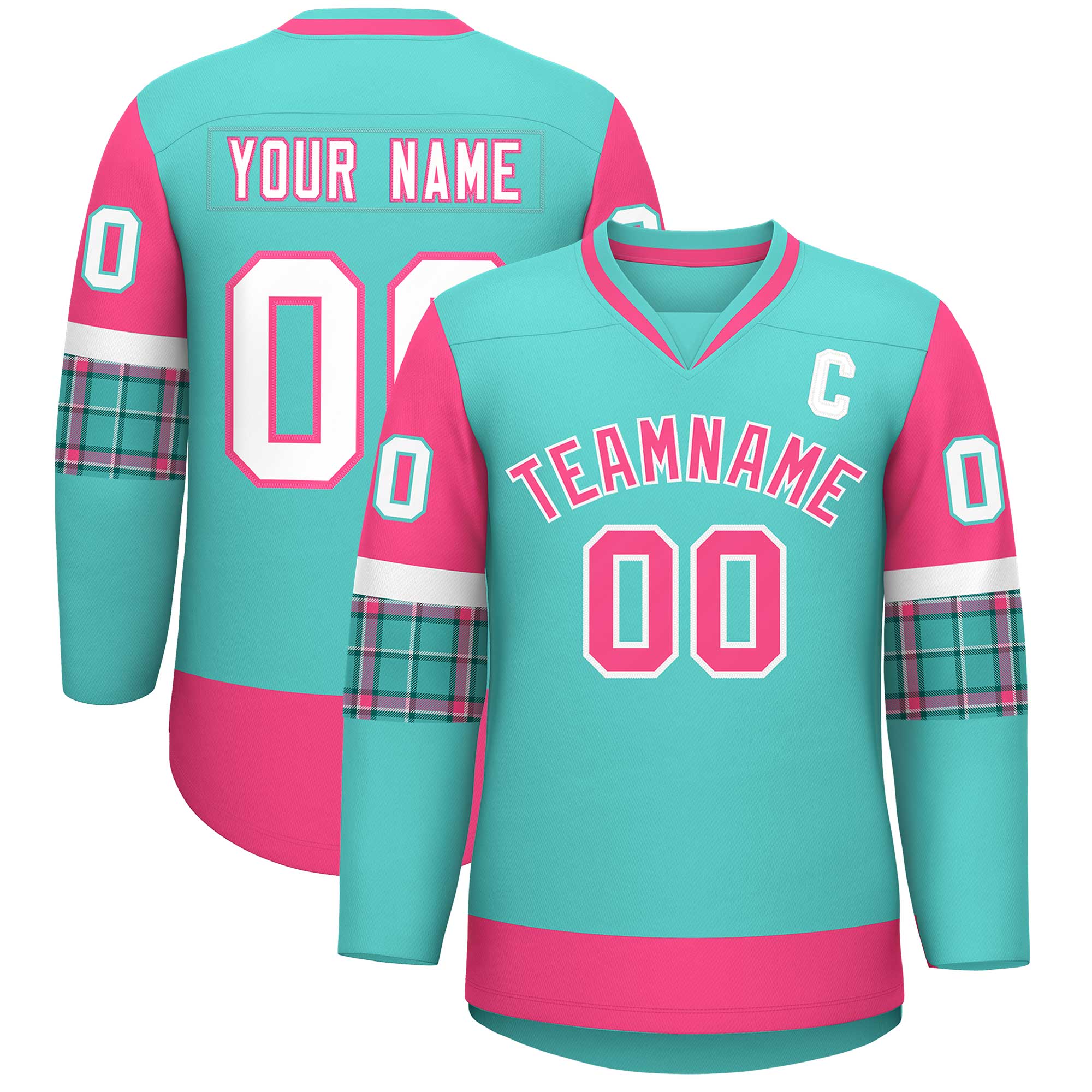 Custom Bright Green Pink-White Personalized Raglan Sleeves V-Neck Hockey Jersey