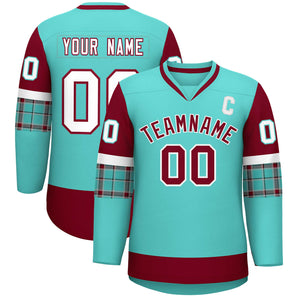 Custom Bright Green Crimson-White Personalized Raglan Sleeves V-Neck Hockey Jersey