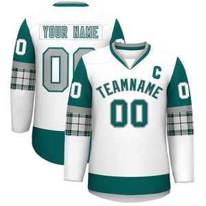 Custom White Aqua-Gray Personalized Raglan Sleeves V-Neck Hockey Jersey